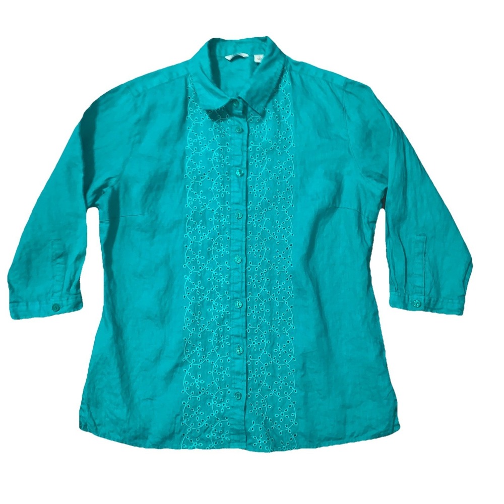 LL Bean 100% Linen Shirt 3/4 Sleeve Womens Small Tunic Boho Peasant Eyelet Green